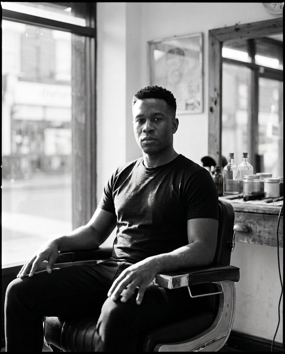 Black-and-white portrait of Kingsley Adebayo seated in his father's barber chair at opening hour