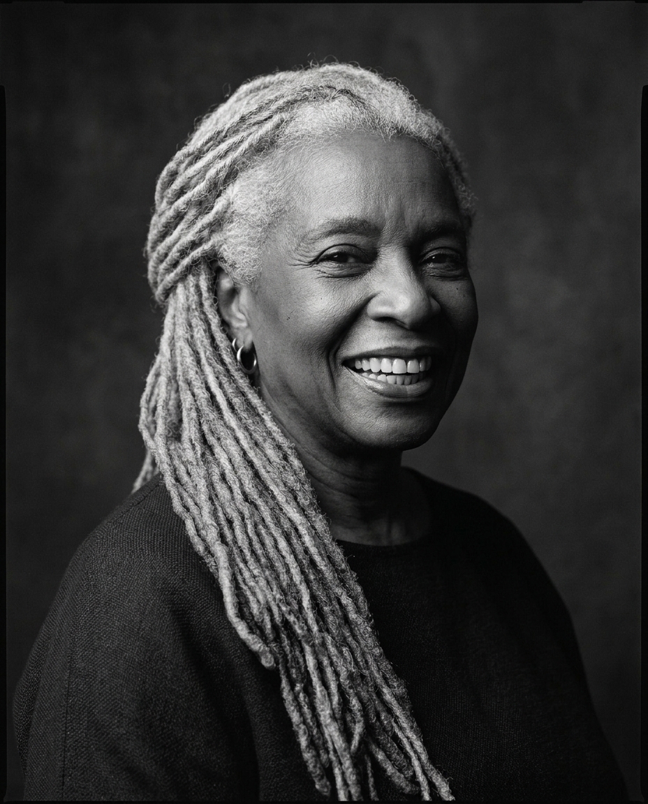 Black-and-white portrait of Odessa Whitfield, silver locs, caught mid-laugh