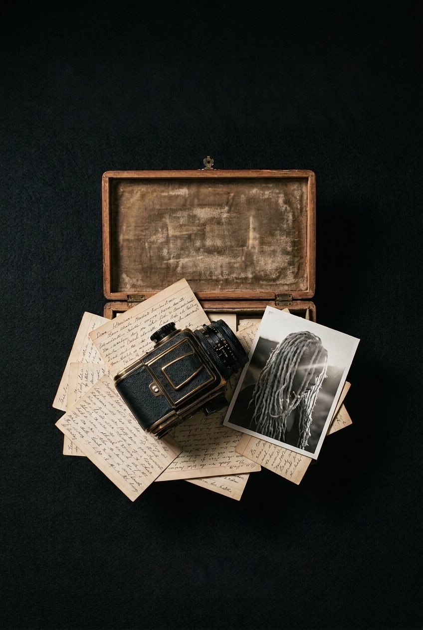 A cigar box holding handwritten index cards, a vintage camera, and a black-and-white portrait